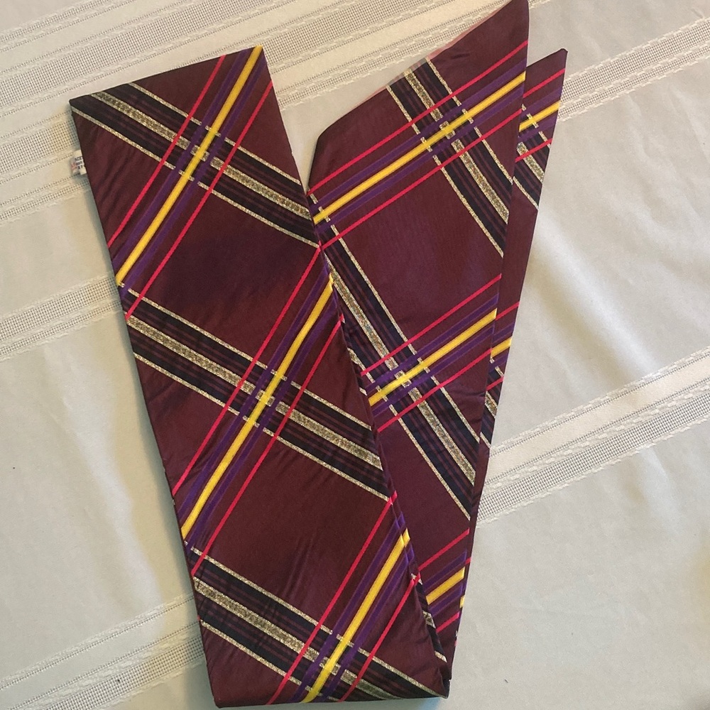 Vintage Long Plaid Scarf or Belt - Burgundy, Gold, Yellow and Pink 60”x5”